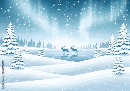 Serene Winter Scene Featuring Reindeer and Snowy Pine Trees Under a Glowing Aurora Borealis Sky