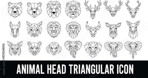 Set of Geometric Triangular Line Art Icons of Animal Heads for Modern Logo and Tattoo Design