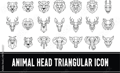 Collection of Minimalist Polygonal Animal Head Icons Including Lion Bear Deer and Elephant Symbols