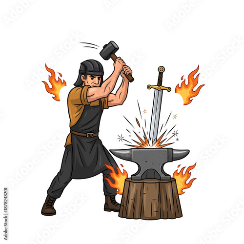 Blacksmith Forging a Legendary Sword with Fire and Strength