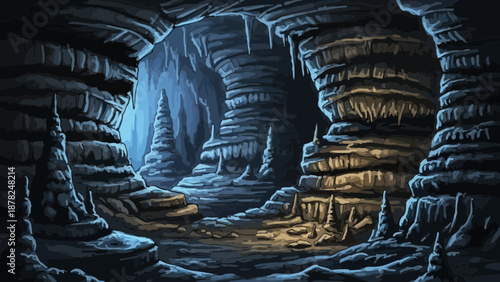 Mysterious Underground Cave Illustration with Stalactites and Stalagmites