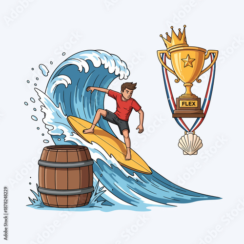 Surfer Mastering Big Wave to Win Surfing Championship Trophy