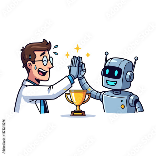 Scientist and Robot High Fiving for Artificial Intelligence Success
