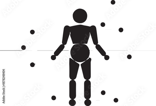 A black stick-figure mannequin silhouette surrounded by floating dots, representing human anatomy, motion capture, or a digital person in a data-driven space.