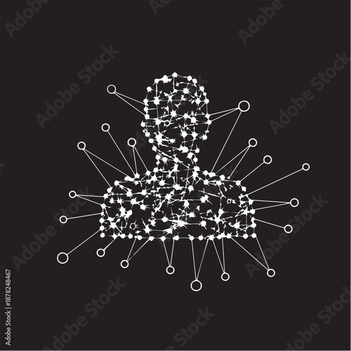Description An abstract vector of a human silhouette formed by a white digital mesh and nodes on a black background, representing artificial intelligence, data connectivity, or a digital identity.
