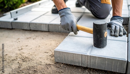 Paving worker laying concrete block with hammer