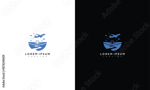 A blue logo design on a split background showcasing two different versions of a stylized wave or water element