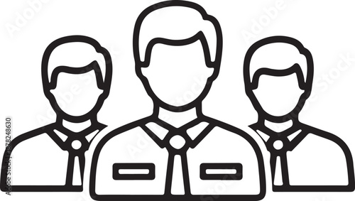 Description A clean black and white line icon featuring three male figures in formal business attire with ties, representing a corporate leadership team, professional staff, or office management.