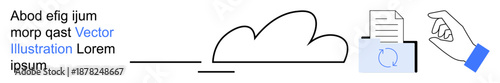 Cloud technology, file storage, data sharing, digital workflow, online management, upload services. Cloud icon, hand placing document. Cloud technology and file storage concept