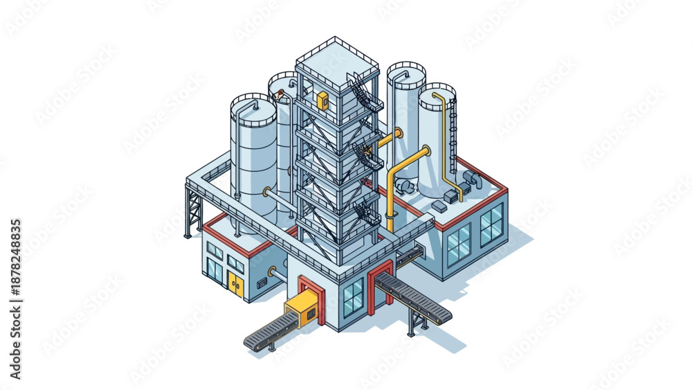 Fototapeta premium Modern industrial complex with storage tanks and processing units in an isometric vector illustration. Depicting a factory, chemical plant, or manufacturing facility for various production processes