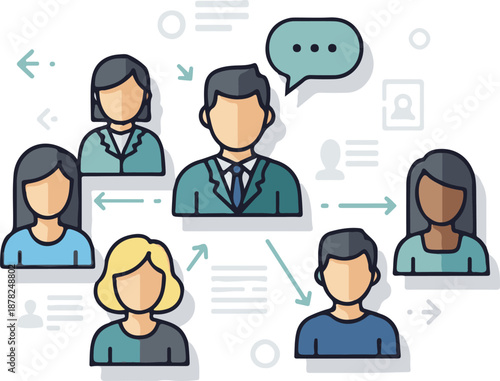 A vibrant flat-style vector illustration depicting a diverse professional team interconnected by communication arrows and speech bubbles, symbolizing networking, leadership, and collaboration.