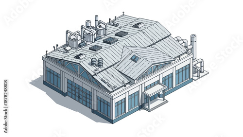 Isometric modern industrial building vector illustration, featuring a detailed factory with diverse production facilities and essential equipment on a white background