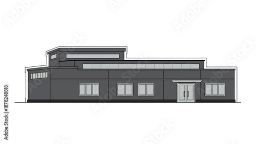 Sleek, minimalist vector illustration of a contemporary dark grey building with a modern facade and multiple windows, ideal for corporate or business themes, emphasizing architectural design