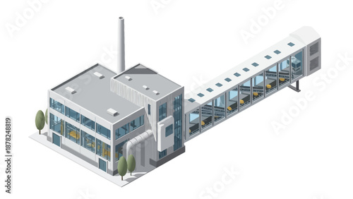 Clean Isometric Vector Art of a Modern Industrial Factory Building and Logistics Hub with Covered Walkway and Chimney for Efficient Production