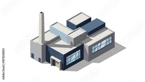 Isometric vector illustration of a modern industrial factory building with a chimney, representing manufacturing, production, and business operations for economic growth and enterprise