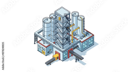 Modern industrial complex with storage tanks and processing units in an isometric vector illustration. Depicting a factory, chemical plant, or manufacturing facility for various production processes