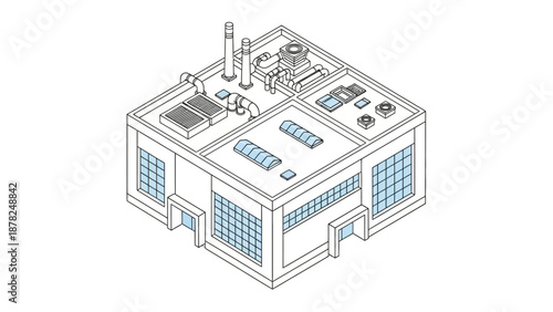 Modern isometric industrial factory illustration. Clean vector graphic of a manufacturing plant, ideal for architectural design concepts