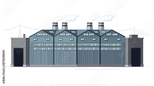 Modern industrial factory building illustration with multiple smoke stacks, reflecting manufacturing processes and large-scale production facilities in an urban or suburban landscape setting