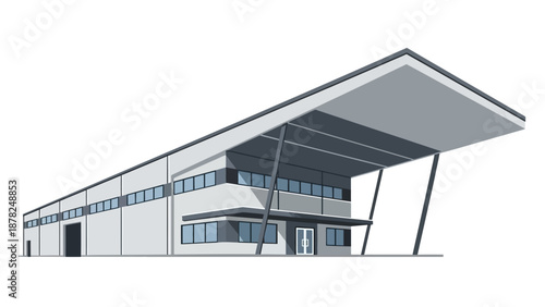 Sleek and contemporary industrial facility building illustration with modern architectural design, ideal for factories, warehouses, and business parks