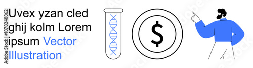 Biotechnology, financial topics, business strategy, molecular science, currency investment, digital collaboration. DNA helix, dollar symbol person pointing. Biotechnology and financial topics visual