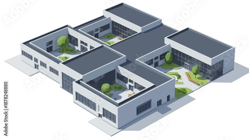 Contemporary urban architecture illustration embodying sustainable design principles for dynamic community spaces, blending modern living with integrated green courtyards