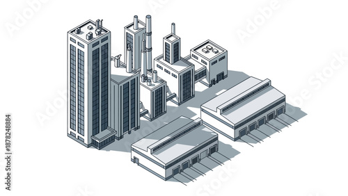 Isometric city buildings and industrial facilities vector set. Modern skyscrapers, office blocks, and factories for urban planning and architectural design