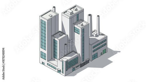 Modern industrial factory complex with multiple buildings and smokestacks depicted in a clean isometric vector illustration, representing manufacturing, business, and production facilities