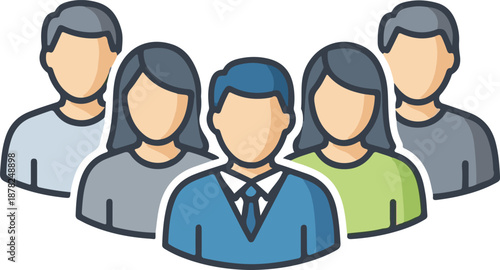 A professional flat-style vector icon depicting a diverse business team or group of people, with a leader in a blue suit and tie positioned at the center.