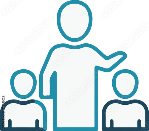 A minimalist teal line art icon featuring a central instructor figure with a raised arm guiding or teaching two smaller individuals, representing mentorship, education, or leadership.