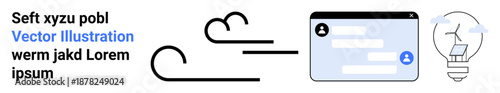 Technology, communication, renewable energy, innovation, wind power, environmental protection. A chat interface with dialogue bubbles alongside a wind turbine-inspired lightbulb. Communication