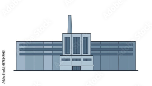 Clean vector illustration of a modern industrial factory building with a prominent smokestack. Represents manufacturing, production, and economic infrastructure for business and industry