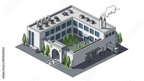 Modern isometric industrial building, a sleek factory complex with a loading dock, rooftop vents, and an inner green courtyard, ideal for business and manufacturing
