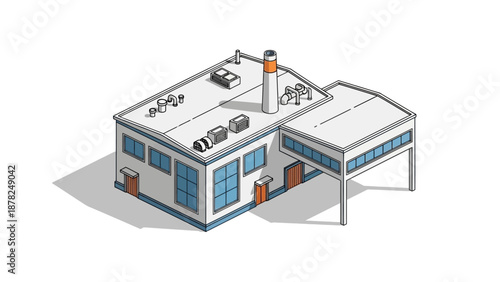 Modern isometric line art illustration of an industrial factory building, representing manufacturing, production, and business operations with a clean architectural design