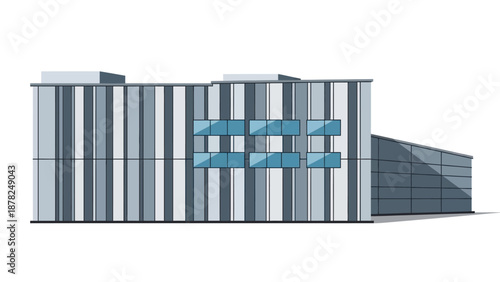 Contemporary architectural building illustration. Sleek urban facade design with distinct vertical elements and reflective blue windows, perfect for modern city planning and corporate projects