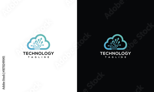 Cloud technology logo design concept with futuristic elements and abstract shapes on contrasting backgrounds