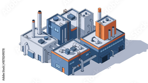 Isometric vector illustration of a modern industrial complex. Factory buildings, smokestacks, and pipes represent manufacturing, production, and economic infrastructure