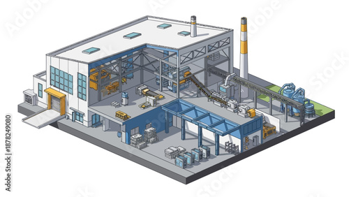 Isometric industrial factory illustration showcasing comprehensive manufacturing processes, automated production lines, material handling, and plant logistics layout