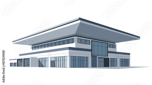 Striking modern commercial building with an expansive overhanging roof, representing contemporary architectural trends and innovative design for public or corporate infrastructure projects