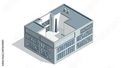 Modern isometric factory building illustration with a detailed cutaway, revealing its multi-level internal architecture. Perfect for industrial production, business, and urban planning concepts