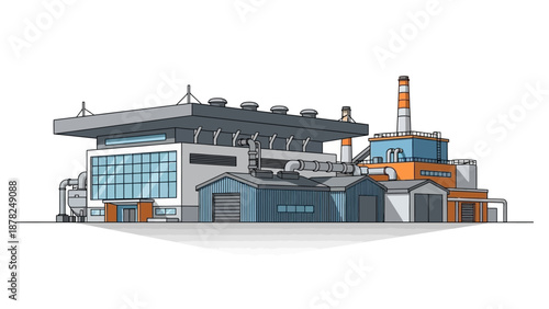 Modern industrial complex vector illustration featuring factory and power plant structures, symbolizing technological progress, efficient production, and economic development