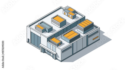 Modern isometric illustration of a contemporary commercial building with industrial rooftop units, representing urban development, business infrastructure, and architectural design