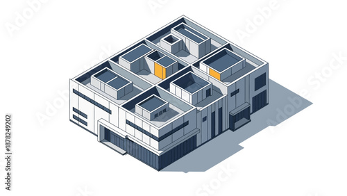 Architectural isometric illustration of a cutting-edge futuristic building, representing advanced technology, smart infrastructure, or modern urban development concepts