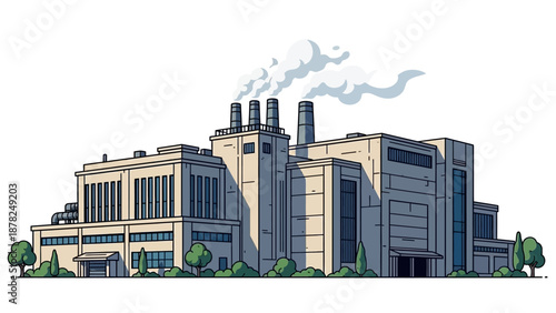Vibrant cartoon illustration of a large industrial factory complex featuring prominent smokestacks emitting fumes, symbolizing manufacturing, energy production, and urban development challenges