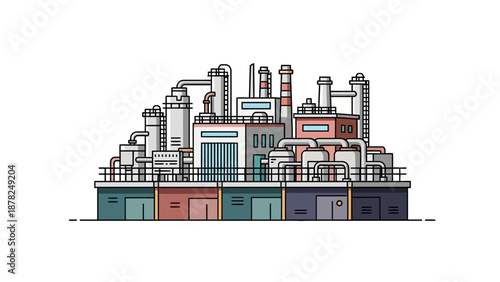 Flat line illustration of a modern industrial manufacturing facility with various buildings, interconnected pipes, and chimneys, symbolizing production and energy