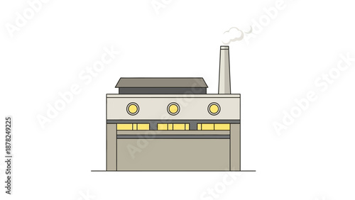 Line art illustration of a modern industrial factory building with a smokestack emitting smoke, representing production, manufacturing, and potential environmental impact from industry