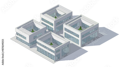 Isometric illustration of modern commercial buildings with green courtyards, showcasing contemporary urban architectural design for office spaces