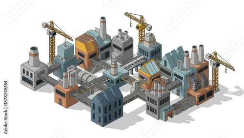 Isometric illustration of a vast industrial complex with interconnected factories, smokestacks, and cranes, symbolizing modern manufacturing, production, and urban infrastructure