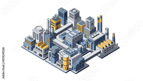 Isometric industrial complex with interconnected smart factory buildings and advanced technological infrastructure. Modern manufacturing and urban development concept
