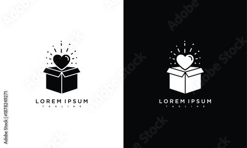 A heart emerging from an open gift box, surrounded by sparkles, in a simple illustration style on contrasting backgrounds