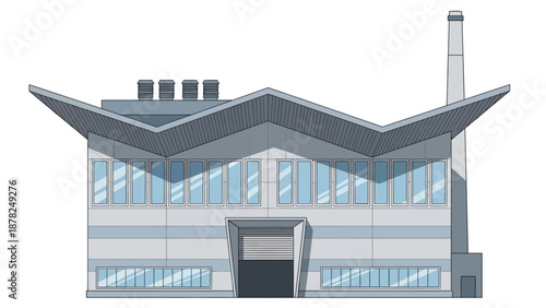 A stylized illustration depicting a modern industrial factory building with a unique zigzag roof and a tall chimney, representing manufacturing and production concepts